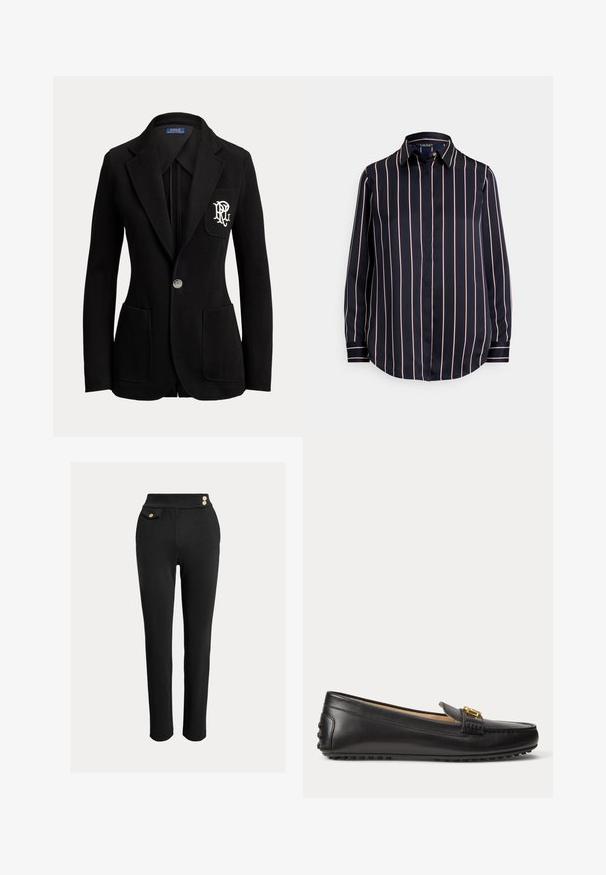 Sort enkeltknaps blazer med hakkede revers, tre forlommer og hvidt broderet logo på brystlommen.; Marineblå bluse med lange ærmer, hvide og røde lodrette striber, knappede manchetter, spids krave og skjulte knapper foran.; Sorte slim-fit bukser med høj talje, dekorative guldknapper på taljen og en lille klaplomme på højre side.; Sort læderloafer med guldbeslag og gummisåle med nitter, vist fra siden på hvid baggrund.