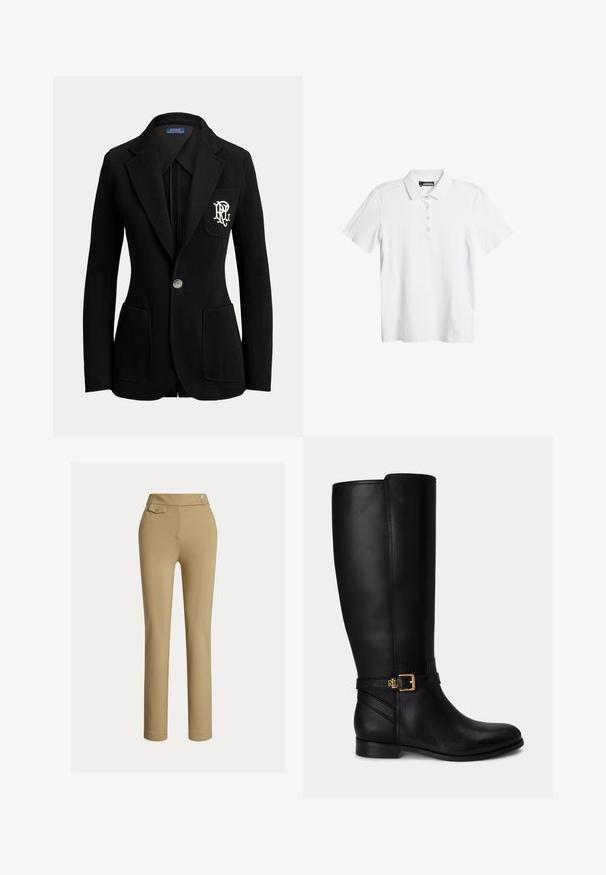Sort enkeltknaps blazer med hakkede revers, tre forlommer og hvidt broderet logo på brystlommen.; Hvid polo t-shirt med et diskrét bølgemønster, korte ærmer og en tre-knaps placket. Fremstillet af et glat, let stof.; Beige skræddersyede bukser med en glat tekstur, høj talje, to dekorative knapper og en enkelt baglomme. Lige ben-design.; Sort knæhøj læderstøvle med lav hæl, guldlås og lille præget logo på sidespændet.