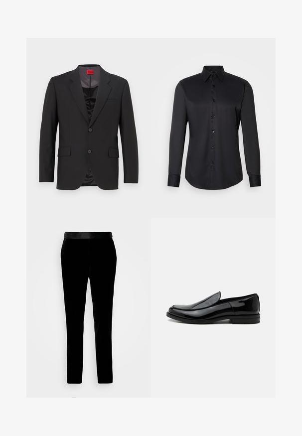 Chaqueta de traje negra con solapas con muesca, dos botones y dos bolsillos frontales. El forro interior es oscuro y tiene una textura suave. Logo de HUGO visible en el interior.; Camisa negra de manga larga con botones, hecha de una tela suave, que presenta un cuello clásico y un cierre de botones en el frente.; Pantalones de terciopelo negro con un ajuste entallado, textura suave y cinturilla a juego. Cuentan con perneras rectas y bolsillos laterales.; Zapato de vestir negro de piel brillante tipo slip-on con tacón bajo y punta redondeada, visto de lado sobre un fondo blanco liso.