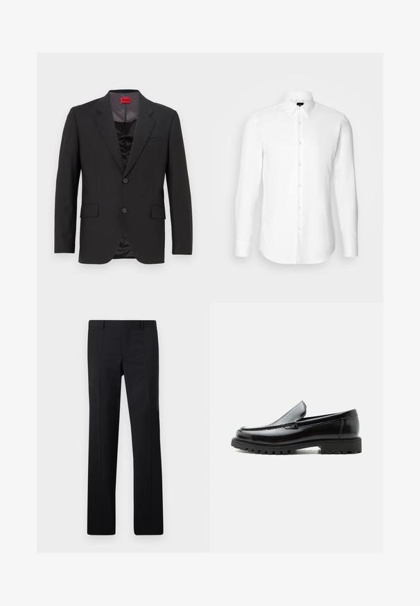Chaqueta de traje negra con solapas con muesca, dos botones y dos bolsillos frontales. El forro interior es oscuro y tiene una textura suave. Logo de HUGO visible en el interior.; Camisa blanca de manga larga, con cierre de botones en el frente, cuello clásico, confeccionada con una tela suave con una textura sutil, diseñada para un ajuste entallado.; Pantalones negros ajustados con un diseño de pierna recta, pliegues marcados y un acabado suave. Fabricados en tejido ligero con una cintura limpia.; Mocasín de cuero negro con suela de goma gruesa, empeine cosido y nombre de la marca en relieve en el talón, mostrado en perfil lateral sobre fondo blanco.