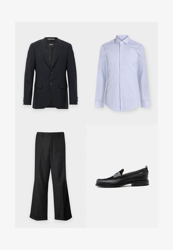 Dunkelgrauer, maßgeschneiderter Blazer mit dezentem Karomuster, Reverskragen, zwei vorderen Knöpfen, Klappentaschen und einem Markeninnenschild.; Langärmliges, geknöpftes Hemd mit blauen und weißen vertikalen Streifen und klassischem Kragen auf einfarbigem Hintergrund.; Schwarze weit geschnittene Hosen mit geknöpftem Bund und umgeschlagenen Säumen, vor einem schlichten weißen Hintergrund präsentiert.; Schwarzer Lederloafer mit grauem Riemendetail, niedrigem Absatz und strukturierter Sohle, seitlich mit „HUGO“ in Gold gebrandmarkt.