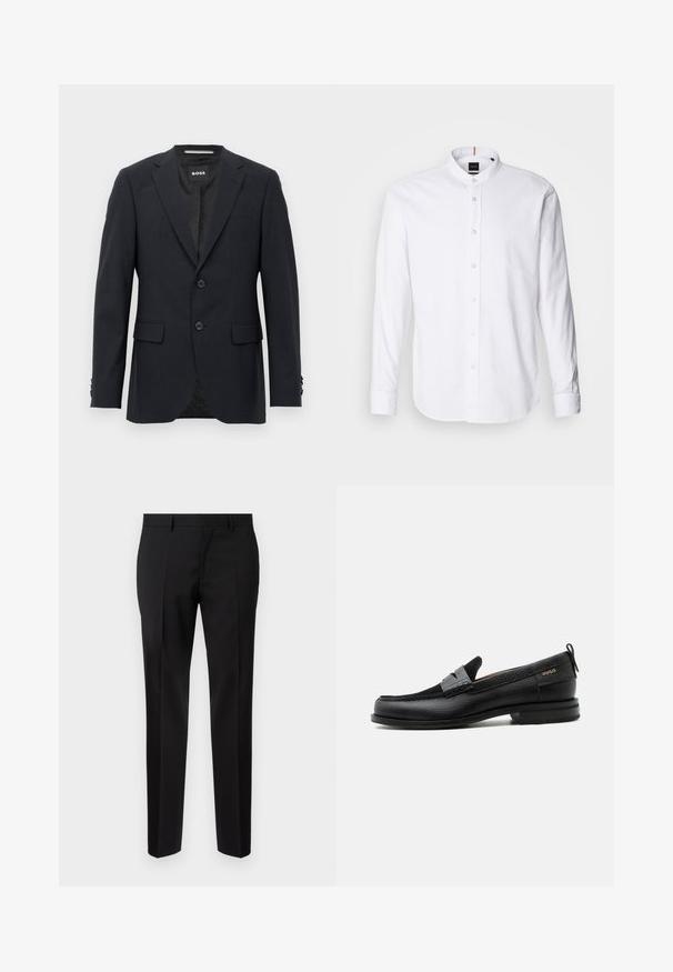 Donkergrijze op maat gemaakte blazer met een subtiel ruitpatroon, met een notch kraag, twee voorknopjes, klepzakken en een merklabel aan de binnenkant.; Witte lange mouwen shirt met een bandkraag, knoopsluiting aan de voorkant en afgeronde zoom. Gemaakt van katoen, met een gladde textuur en subtiele glans.; Zwarte op maat gemaakte broeken van een gladde stof, met een rechte pijp, verfijnde plooidetails en een klassieke tailleband met riemlussen.; Zwarte leren loafer met grijs riemdetailelement, lage hak en gestructureerde zool, aan de zijkant gebrandmerkt met "HUGO" in goud.