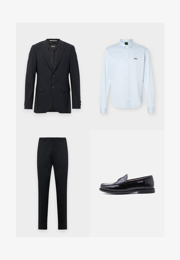 Blazer ajusté gris foncé avec un motif à carreaux subtil, revers en pointe, deux boutons à l'avant, poches à rabat et étiquette de marque à l'intérieur.; Chemise bleu clair à manches longues, boutonnée avec col, logo noir "BOSS" sur le côté gauche de la poitrine, et poignets avec boutons.; Pantalons formels noirs pour hommes, ajustés avec passants de ceinture, devant plat et jambes droites sur fond blanc.; Mocassins en cuir noir avec une finition brillante, présentant un motif cousu sur l'avant-pied et une semelle en caoutchouc noire texturée et basse.