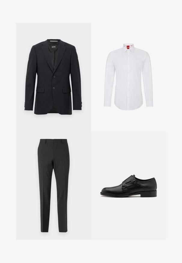 Mørkegrå skræddersyet blazer med subtilt ternet mønster, klapkrave, to frontknapper, klaplommer og mærket indvendig label.; Hvid langærmet skjorte med krave, der har en knappet front og blødt, glat stof. Ingen mønstre eller detaljer synlige.; Mørkegrå skræddersyede bukser med en glat tekstur, slim fit, flad front og bæltestropper, designet til formelt eller forretningsmæssigt tøj.; Sort læderherresko med dobbelte spænder, slank silhuet og rund tå. Har en lav hæl og glat tekstur.