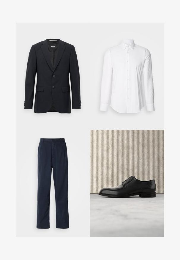 Tmavo šedý schopne prešitý blazer s jemným kockovaným vzorom, klopovými chlopňami, s dvoma prednými gombíkmi, s vreckami na chlopniach a so značkovým vnútorným štítkom.; Biela košeľa s dlhými rukávmi vyrobená z hladkej tkaniny, s klasickým golierom a zapínaním na gombíky, s obrúbeným spodným okrajom. Gombíky sú jemne lesklé.; Námornícky modré nohavice vyrobené z bavlneného zmesi. Majú rovný strih, predné zapínanie na gombík a jemné záhyby. Hladká textúra.; Čierne kožené šaty topánky s okrúhlou špičkou, hladkým povrchom, minimálnymi švami a plochou podrážkou so subtilným brandingom na päte.
