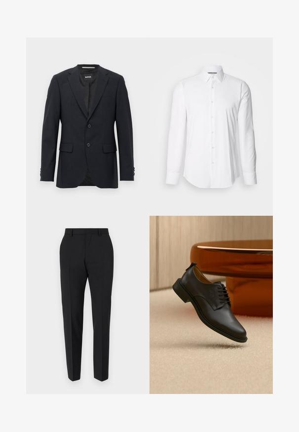 Blazer ajustado de color gris oscuro con un sutil patrón a cuadros, solapas tipo muesca, dos botones frontales, bolsillos con solapa y etiqueta interior de marca.; Camisa blanca de manga larga hecha de tejido suave, con un cuello clásico y diseño de botones en la parte delantera, con un dobladillo curved. Los botones tienen un acabado ligeramente brillante.; Pantalones negros con un diseño a medida, con frente plano, detalles de pliegue y un corte ajustado. Fabricados con una tela suave para un aspecto refinado.; Zapato de vestir para hombre de cuero negro con cordones flotando sobre una alfombra beige, con una mesa de café redonda marrón en el fondo.
