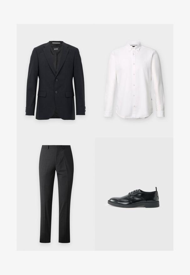 Tmavo šedý schopne prešitý blazer s jemným kockovaným vzorom, klopovými chlopňami, s dvoma prednými gombíkmi, s vreckami na chlopniach a so značkovým vnútorným štítkom.; Biela košeľa s dlhým rukávom na gombíky s golierom so zapínaním na gombíky a malým vyšívaným logom na ľavej strane hrudníka.; Prispôsobené tmavosivé nohavice s hladkou textúrou, slim fit, plochým pásom a štandardným pásom. Obsahujú záhyby a žiadne viditeľné vzory.; Lesklá čierna kožená spoločenská topánka s nízkym opätkom, šnurovaním a okrúhlou špičkou, zobrazená z boku na svetlom jednofarebnom pozadí.