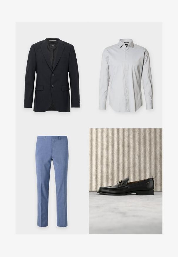 Tmavo šedý schopne prešitý blazer s jemným kockovaným vzorom, klopovými chlopňami, s dvoma prednými gombíkmi, s vreckami na chlopniach a so značkovým vnútorným štítkom.; Svetlosivá pánska košeľa s dlhým rukávom, zapínaná na gombíky vpredu, s ostrým golierom a manžetami zapínanými na jeden gombík na jednotnom bielom pozadí.; Svetlomodré nohavice, strihané na mieru, textúrovaná látka, plochý predný diel, šikmé bočné vrecká a hladký pás s pútkami na opasok.; Čierny kožený mokasín s pozláteným kovovým detailom a značkou "HUGO", vystavený na béžovom koberci a v pozadí hnedý priehľadný nábytok.