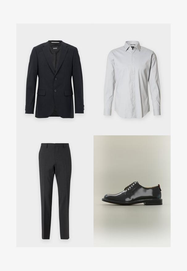Blazer ajustado de color gris oscuro con un sutil patrón a cuadros, solapas tipo muesca, dos botones frontales, bolsillos con solapa y etiqueta interior de marca.; Camisa de vestir de hombre de manga larga en gris claro con cierre de botones en la parte frontal, cuello puntiagudo y puños con un botón sobre fondo blanco liso.; Pantalones tailored en gris oscuro con una textura suave, de corte ajustado, frente plano y pasadores para cinturón, diseñados para atuendos formales o de negocios.; Zapato de vestir negro brillante de cuero con cordones, tacón bajo y puntera redondeada, mostrado de perfil sobre un fondo neutro.