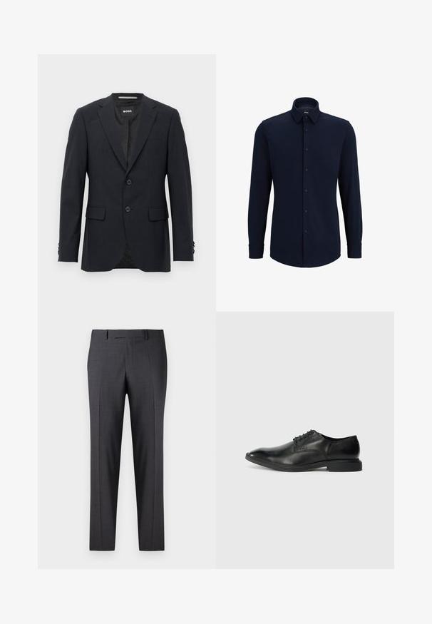 Dunkelgrauer, maßgeschneiderter Blazer mit dezentem Karomuster, Reverskragen, zwei vorderen Knöpfen, Klappentaschen und einem Markeninnenschild.; Marineblaue Langarmhemd aus gewebtem Stoff, mit klassischem Kragen, geradem Schnitt und vorderer Knopfverschluss.; Maßgefertigte dunkelgraue Hosen aus einem glatten, strukturierten Stoff; mit flacher Vorderseite und geraden Beinen; minimalistisches Design ohne sichtbare Akzente.; Schwarze Lederdressschuhe mit glatter Textur, spitzer Zehenform, sechs Ösen-Schnürdesign und niedrigem rechteckigem Absatz. Dezentes Branding-Detail an der Seite.