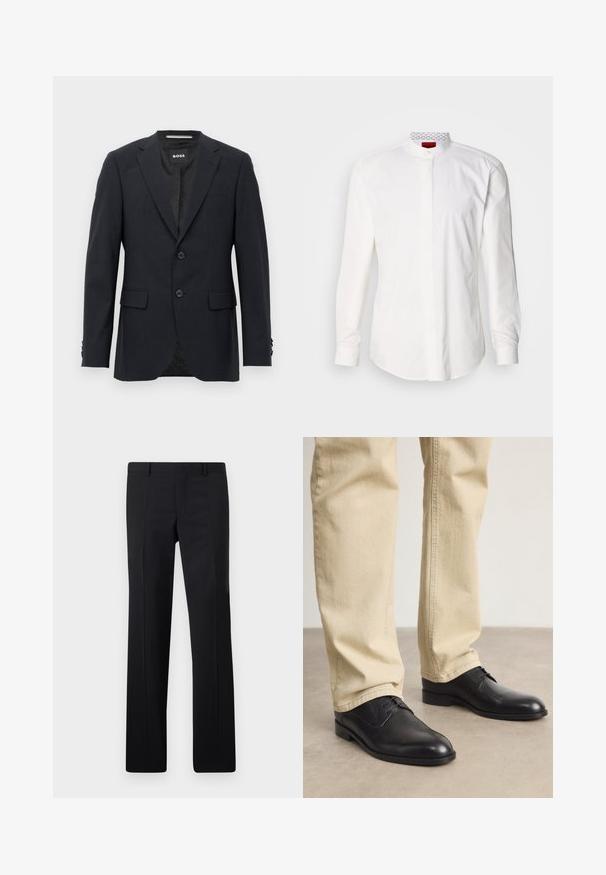Mørkegrå skræddersyet blazer med subtilt ternet mønster, klapkrave, to frontknapper, klaplommer og mærket indvendig label.; Hvid langærmet skjorte med høj krave, lavet af bomuld. Har en forlomme foran, minimalistisk design og subtil branding på den indvendige krave.; Sorte skræddersyede bukser med et lige ben design, skarpe folder og en glat overflade. Fremstillet af letvægtsstof med en ren talje.; Sorte læder snørebåndssko med rund tå, glat finish og diskrete syninger, båret med lyse beige bukser.