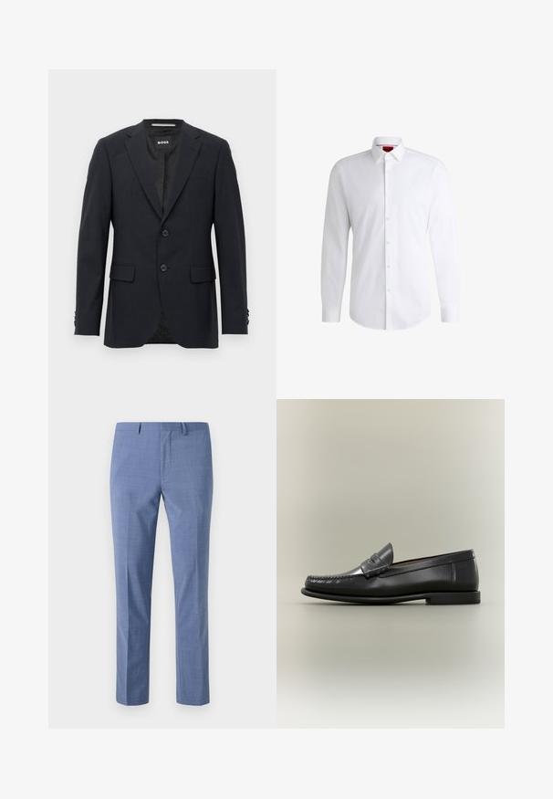 Mørkegrå skræddersyet blazer med subtilt ternet mønster, klapkrave, to frontknapper, klaplommer og mærket indvendig label.; Hvid skjorte med knapper lavet af glat stof med klassisk krave, lange ærmer og rundet kant. Har beige knapper foran.; Lysblå dressbukser i skræddersyet pasform, struktureret stof, flad front, skrå sidelommer og en glat talje med bæltesløjfer.; Sort læder herresko med moc-toe-design, penny-rem og lav hæl på en neutral baggrund.
