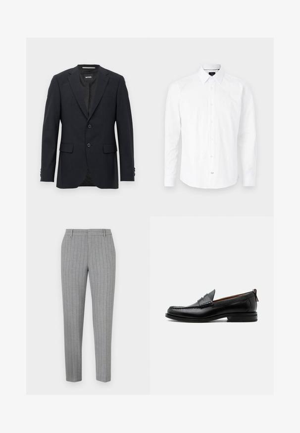Tmavo šedý schopne prešitý blazer s jemným kockovaným vzorom, klopovými chlopňami, s dvoma prednými gombíkmi, s vreckami na chlopniach a so značkovým vnútorným štítkom.; Biely dlhý rukáv košele vyrobený z bavlny. Obsahuje golier s gombíkom, predné zapínanie na gombíky s ružovými gombíkmi a zakrivený lem.; Sivé nohavice s jemnými pásikmi, s priliehavým strihom, s rovným predným dielom a bočnými vreckami. Vyrobené z hladkej látky s jemným leskom.; Čierny kožený pánsky mokasín s prešitím moc toe, penny remienkom, textúrovaným golierom a nízkym vrstveným podpätkom na bielom pozadí.