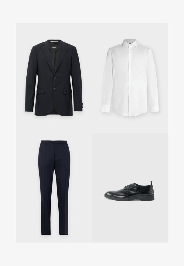 Dunkelgrauer, maßgeschneiderter Blazer mit dezentem Karomuster, Reverskragen, zwei vorderen Knöpfen, Klappentaschen und einem Markeninnenschild.; Weißes Hemd mit langen Ärmeln, spitzem Kragen und Knopfleiste vorne auf hellem grauem Hintergrund.; Marineblaue, maßgeschneiderte Herrenhosen mit subtilen Karomuster, Gürtelschlaufen und Bügelfalte, frontal auf weißem Hintergrund präsentiert.; Glänzender schwarzer Lederschuh mit niedrigem Absatz, Schnürverschluss und runder Kappe, seitlich auf hellem, schlichten Hintergrund gezeigt.