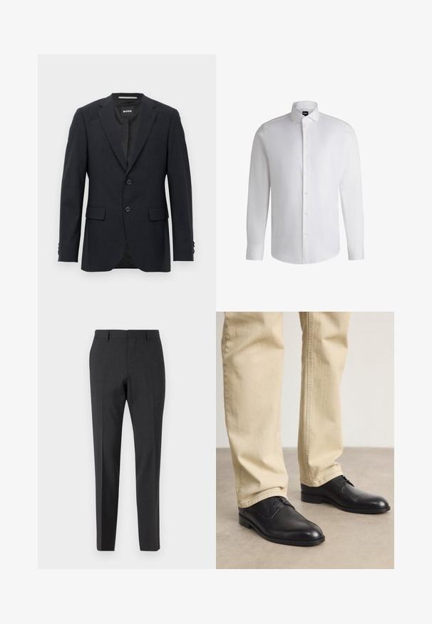 Donkergrijze op maat gemaakte blazer met een subtiel ruitpatroon, met een notch kraag, twee voorknopjes, klepzakken en een merklabel aan de binnenkant.; Witte lange mouwen shirt van soepel katoen, met een klassieke kraag, volledige knoopsluiting en knoopmanchetten. Minimalistisch ontwerp.; Donkergrijze op maat gemaakte broeken met een gladde textuur, slim fit, platte voorkant en riemlussen, ontworpen voor formele of zakelijke kleding.; Zwarte leren veterschoenen met een ronde neus, een gladde afwerking en subtiele stikdetails, gedragen met lichtbeige broeken.