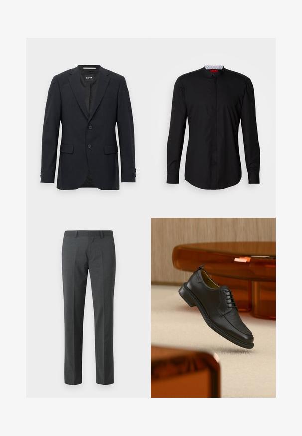 Dunkelgrauer, maßgeschneiderter Blazer mit dezentem Karomuster, Reverskragen, zwei vorderen Knöpfen, Klappentaschen und einem Markeninnenschild.; Schwarzes Langarmhemd mit Stehkragen, aus glattem Stoff gefertigt, mit durchgehender Knopfleiste und subtilen Designdetails.; Dunkelgraue Anzughose aus einem glatten Stoff. Sie hat gerade Beine, eine flache Vorderseite und Gürtelschlaufen. Keine sichtbaren Muster oder Akzente.; Schwarzer Leder-Schnürschuh mit texturierter Vorderseite, schwebend über beigem Teppich in einem modernen Raum mit bernsteinfarbenen Möbeln.