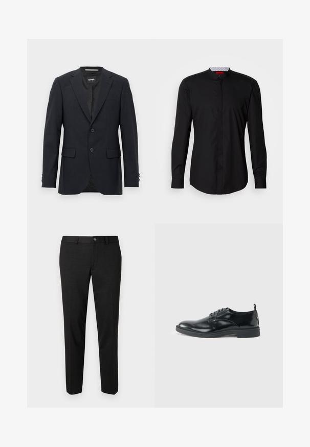 Donkergrijze op maat gemaakte blazer met een subtiel ruitpatroon, met een notch kraag, twee voorknopjes, klepzakken en een merklabel aan de binnenkant.; Zwart shirt met lange mouwen en een mandarijnkraag, gemaakt van een gladde stof, met een knoopsluiting aan de voorkant en subtiele designdetails.; Zwarte broeken gemaakt van een gladde stof. Ze hebben een rechte snit, een vlakke voorkant en een knoopsluiting met een eenvoudig taillebandontwerp.; Glanzende zwarte lederen nette schoen met lage hak, vetersluiting en ronde neus, van opzij getoond tegen een effen lichte achtergrond.