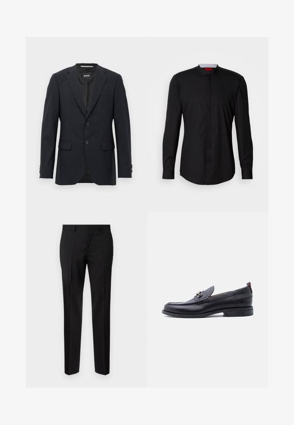 Donkergrijze op maat gemaakte blazer met een subtiel ruitpatroon, met een notch kraag, twee voorknopjes, klepzakken en een merklabel aan de binnenkant.; Zwart shirt met lange mouwen en een mandarijnkraag, gemaakt van een gladde stof, met een knoopsluiting aan de voorkant en subtiele designdetails.; Zwarte op maat gemaakte broeken van een gladde stof, met een rechte pijp, verfijnde plooidetails en een klassieke tailleband met riemlussen.; Zwarte leren loafer met grijze, gestructureerde vamp, zilveren metalen gesp, lage hak en trekkoord aan de achterkant.