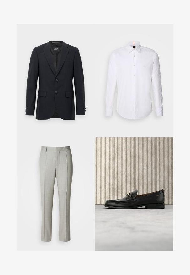 Dunkelgrauer, maßgeschneiderter Blazer mit dezentem Karomuster, Reverskragen, zwei vorderen Knöpfen, Klappentaschen und einem Markeninnenschild.; Weiße langärmlige Button-Down-Hemd aus Baumwolle, mit klassischem Kragen, subtiler Logo-Detailierung auf der Brust und weißen Knöpfen.; Hellgraue, maßgeschneiderte Hose aus glattem Stoff mit geradem Schnitt, vorderen Abnähern und klassischem Bund mit Gürtelschlaufen.; Schwarzer Lederloafer mit goldfarbenem Metallbit und "HUGO"-Markenlogo, präsentiert vor einem beigen Teppich und braunen durchsichtigen Möbelstücken.