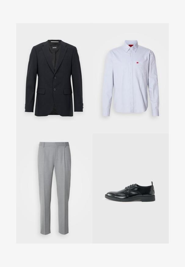 Blazer ajustado de color gris oscuro con un sutil patrón a cuadros, solapas tipo muesca, dos botones frontales, bolsillos con solapa y etiqueta interior de marca.; Camisa azul claro de botones hecha de tela con una textura suave. Presenta un pequeño logo rojo en el bolsillo del pecho y cuello abotonado.; Pantalones grises a medida con una textura suave, que cuentan con un frente plano, piernas rectas y pliegues sutiles para un detalle adicional.; Zapato de vestir negro de cuero brillante con tacón bajo, cierre de cordones y puntera redonda, mostrado de lado sobre un fondo claro y liso.