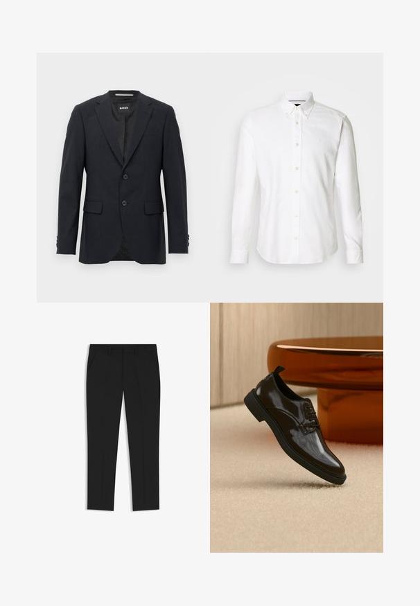 Dunkelgrauer, maßgeschneiderter Blazer mit dezentem Karomuster, Reverskragen, zwei vorderen Knöpfen, Klappentaschen und einem Markeninnenschild.; Weißes Langarmhemd mit Knopfleiste und Kragen mit Knöpfen, aus glattem Stoff, mit einem dezenten Logo auf der Brust und Knopfverschluss.; Schwarze maßgeschneiderte Hose mit geradem Bein, ausgestattet mit zwei seitlichen Taschen und vorderen Falten für Struktur, aus glattem Stoff gefertigt.; Schwarzer glänzender Lederschnürschuh, der über einem beigen Teppich mit einem glänzenden braunen runden Tisch im Hintergrund schwebt.
