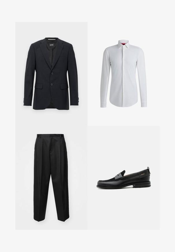 Dunkelgrauer, maßgeschneiderter Blazer mit dezentem Karomuster, Reverskragen, zwei vorderen Knöpfen, Klappentaschen und einem Markeninnenschild.; Weißes Langarm-Hemd mit Knopfleiste, weit geschnittenem Kragen und abgerundetem Saum. Hergestellt aus glattem Stoff mit dezentem Glanz.; Schwarze, taillierte Hosen mit hoher Taille, weitem Bein und scharfen Falten. Aus glattem Stoff gefertigt, mit Gürtelschlaufen und ohne sichtbare Beschläge.; Schwarzer Lederloafer mit grauem Riemendetail, niedrigem Absatz und strukturierter Sohle, seitlich mit „HUGO“ in Gold gebrandmarkt.