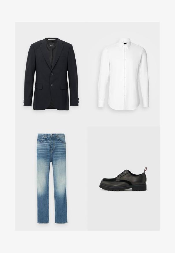 Mørkegrå skræddersyet blazer med subtilt ternet mønster, klapkrave, to frontknapper, klaplommer og mærket indvendig label.; Hvid skjorte med lange ærmer, knaplukning foran, klassisk krave, lavet af glat stof med en subtil tekstur, designet til et tætsiddende udseende.; Lyseblå denimjeans med en falmet finish, lige snit, fem-lomme-design og knaplukning ved taljen.; Sort læder snøresko med tyk slidbanesål og rød hælestropp, vist i sideprofil på en lysegrå baggrund.