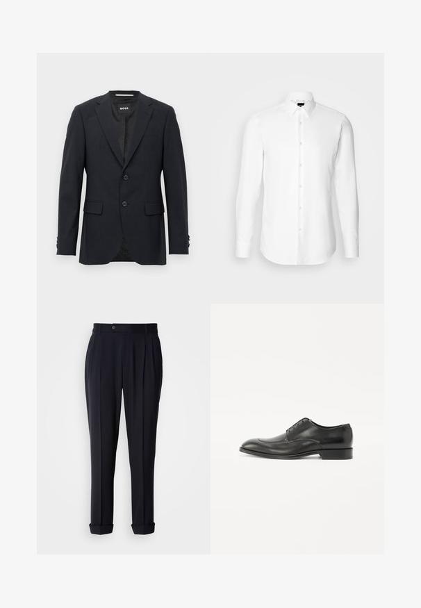 Tmavo šedý schopne prešitý blazer s jemným kockovaným vzorom, klopovými chlopňami, s dvoma prednými gombíkmi, s vreckami na chlopniach a so značkovým vnútorným štítkom.; Biela košeľa s dlhým rukávom, zapínanie na gombíky, klasický golier, vyrobená z hladkej látky s jemnou textúrou, navrhnutá pre priliehavý vzhľad.; Námornícke nohavice na mieru s prednými záhybmi, zapínaním na gombík a upravenými manžetami. Vyrobené z hladkej látky so štruktúrovaným strihom.; Čierne kožené spoločenské topánky s hladkým povrchom, zakulatenou špičkou, piatimi dierkami na šnúrky a nízkym opätkom. Majú jemné prešitie pozdĺž okrajov.