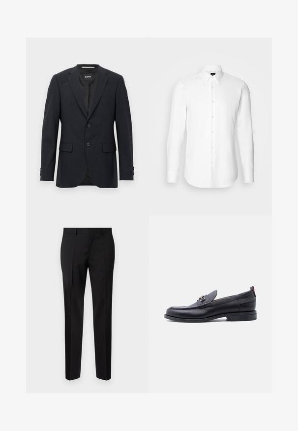 Dunkelgrauer, maßgeschneiderter Blazer mit dezentem Karomuster, Reverskragen, zwei vorderen Knöpfen, Klappentaschen und einem Markeninnenschild.; Weißes Langarmhemd, vorne mit Knöpfen, klassischer Kragen, aus glattem Stoff mit feiner Textur, für eine figurnahe Passform entworfen.; Schwarze maßgeschneiderte Hosen aus glattem Stoff, mit geradem Bein, feinen Bügelfalten und einem klassischen Bund mit Gürtelschlaufen.; Schwarzer Lederloafer mit grauem, strukturiertem Vorderblatt, silberner Metallschnalle, niedrigem Absatz und Zuglasche hinten.