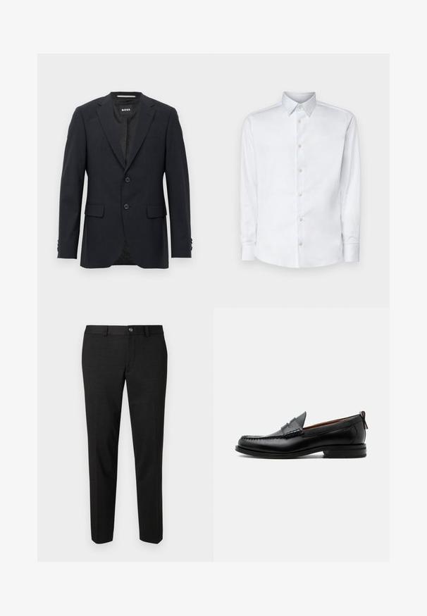 Blazer ajustado de color gris oscuro con un sutil patrón a cuadros, solapas tipo muesca, dos botones frontales, bolsillos con solapa y etiqueta interior de marca.; Camisa blanca de manga larga hecha de tela suave, con un cuello clásico, tapeta de botones y puños con botones, presentada sobre un fondo liso.; Pantalones negros fabricados con una tela suave. Tienen un corte recto, un frente plano y un cierre de botón con un diseño sencillo en la cintura.; Mocasín de hombre de piel negra con costura moc toe, tira penny, cuello texturizado y tacón bajo apilado sobre fondo blanco.