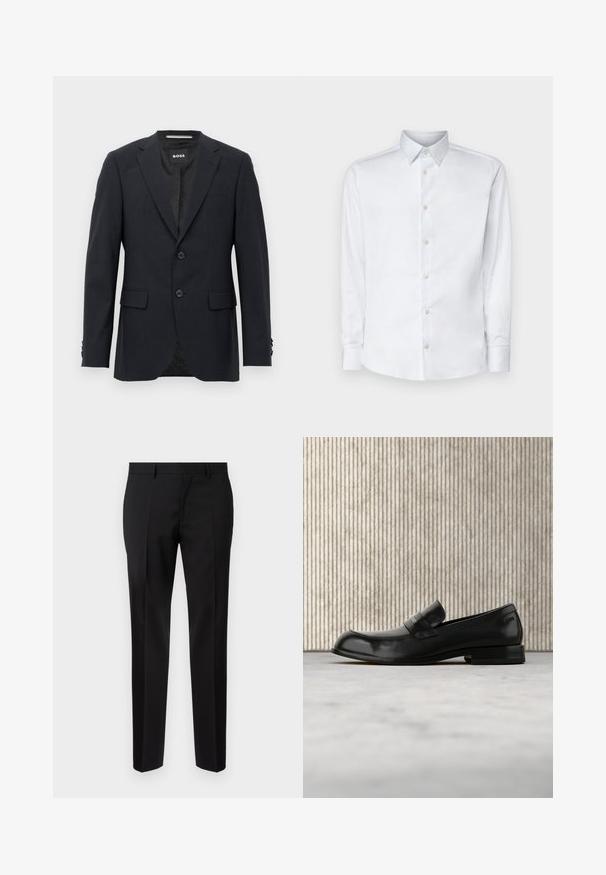 Donkergrijze op maat gemaakte blazer met een subtiel ruitpatroon, met een notch kraag, twee voorknopjes, klepzakken en een merklabel aan de binnenkant.; Witte lange mouw shirt gemaakt van gladde stof, met een klassieke kraag, knoopsluiting en manchetten met knopen, gepresenteerd tegen een effen achtergrond.; Zwarte op maat gemaakte broeken van een gladde stof, met een rechte pijp, verfijnde plooidetails en een klassieke tailleband met riemlussen.; Zwarte leren loafer met metalen accent, zwevend weergegeven boven een beige tapijt, met een ronde, amberkleurige tafel op de achtergrond.