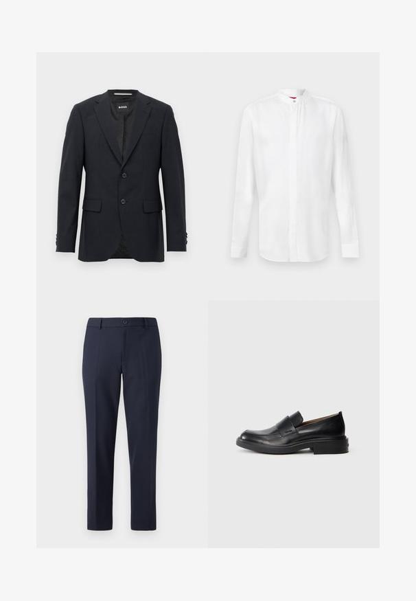 Tmavo šedý schopne prešitý blazer s jemným kockovaným vzorom, klopovými chlopňami, s dvoma prednými gombíkmi, s vreckami na chlopniach a so značkovým vnútorným štítkom.; Biela košeľa s dlhými rukávmi, bez goliera a s krytým zapínaním na gombíky, zobrazená na jednoduchom svetlom pozadí.; Námornícke nohavice vyrobené z hladkej látky, s rovnými nohavicami, pútkami na opasok a jediným gombíkom na zapínanie v páse.; Čierne kožené slip-on formálne topánky s nízkym podpätkom a diskrétnym logom Calvin Klein na boku, zobrazené v profilu na bielom pozadí.