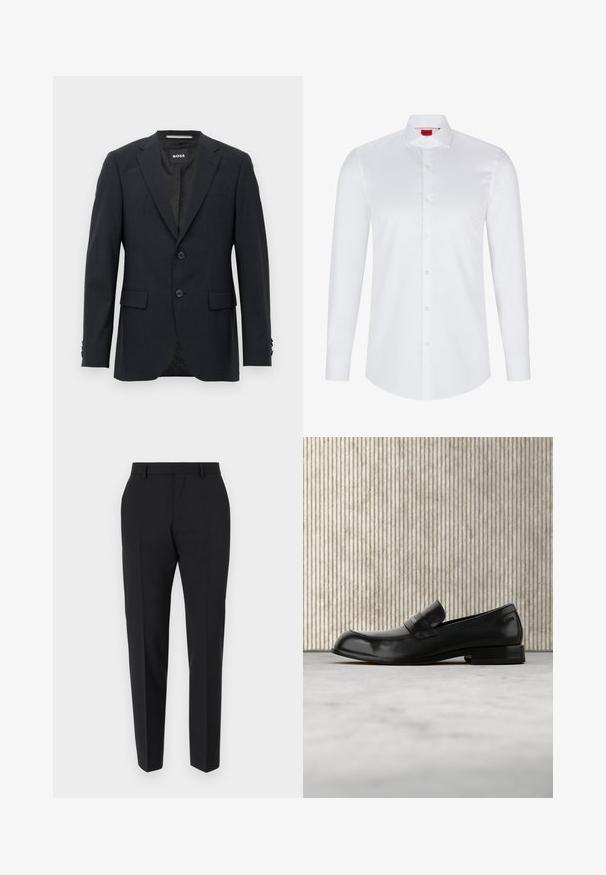 Mørkegrå skræddersyet blazer med subtilt ternet mønster, klapkrave, to frontknapper, klaplommer og mærket indvendig label.; Hvid langærmet skjorte med knaplukning lavet af glat bomuld. Har en klassisk krave, fuld knaplukning og afrundet nederkant.; Sorte bukser med et skræddersyet design, flad front, pressefolder og en slank pasform. Lavet af et glat stof for et elegant udseende.; Sort læderloafer med metalaccent, vist svævende over et beige tæppe, med et rundt, ravfarvet bord i baggrunden.