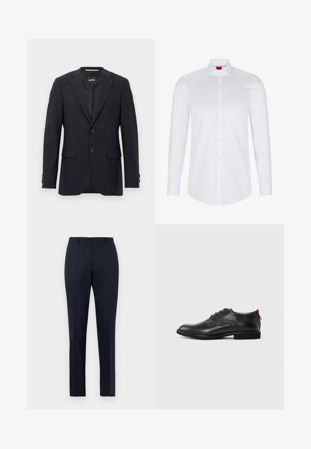 Dunkelgrauer, maßgeschneiderter Blazer mit dezentem Karomuster, Reverskragen, zwei vorderen Knöpfen, Klappentaschen und einem Markeninnenschild.; Weißes langärmliges Hemd mit Knopfleiste, hergestellt aus glattem Baumwollstoff. Verfügt über einen klassischen Kragen, eine durchgehende Knopfleiste und einen abgerundeten Saum.; Marineblaue, maßgeschneiderte Herrenhosen mit subtilen Karomuster, Gürtelschlaufen und Bügelfalte, frontal auf weißem Hintergrund präsentiert.; Schwarzer Herren-Lederschuh mit Schnürung und rotem Zuglasche an der Ferse vor schlichten Hintergrund.