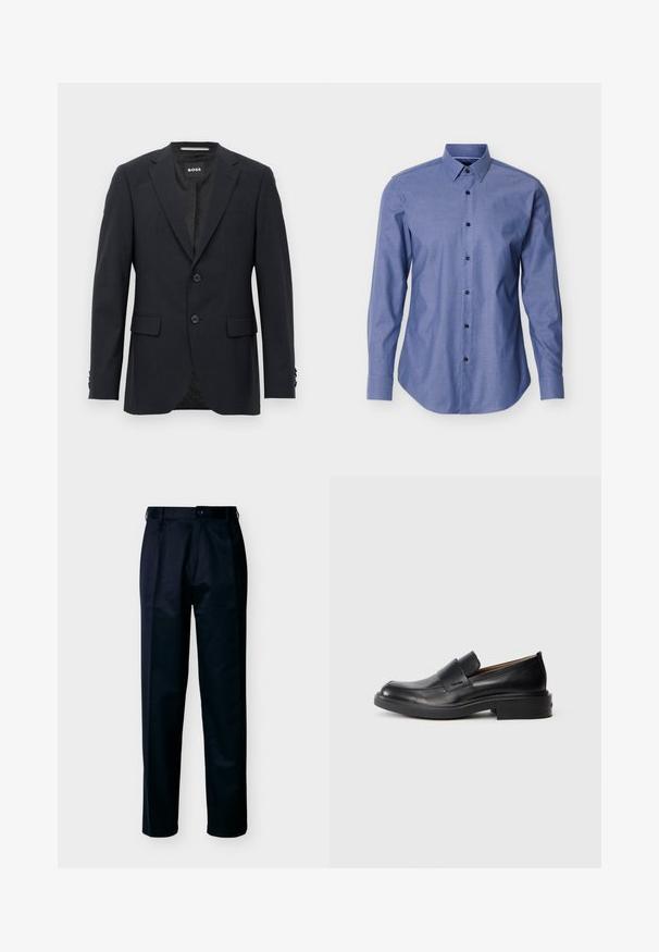 Mørkegrå skræddersyet blazer med subtilt ternet mønster, klapkrave, to frontknapper, klaplommer og mærket indvendig label.; Blå skjorte med lange ærmer, spids krave og sorte knapper foran, vist mod en hvid baggrund.; Herrebukser med lige ben i sort, med knap- og lynlåslukning, bæltestropper og forlommer, vist mod en hvid baggrund.; Sorte læder slip-on dress sko med lav hæl og subtil Calvin Klein logo på siden, vist i profil på en hvid baggrund.