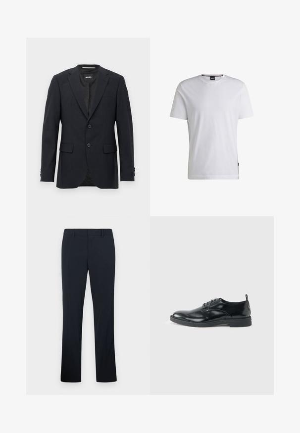 Donkergrijze op maat gemaakte blazer met een subtiel ruitpatroon, met een notch kraag, twee voorknopjes, klepzakken en een merklabel aan de binnenkant.; Witte T-shirt met korte mouwen van katoen. Heeft een ronde hals en een subtiele merklabel aan de zijkant. Zachte textuur en eenvoudig ontwerp.; Zwarte rechte herenhose met riemlussen en een voorrits, weergegeven tegen een effen lichte achtergrond.; Glanzende zwarte lederen nette schoen met lage hak, vetersluiting en ronde neus, van opzij getoond tegen een effen lichte achtergrond.