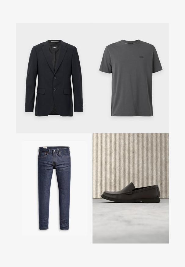 Blazer ajustado de color gris oscuro con un sutil patrón a cuadros, solapas tipo muesca, dos botones frontales, bolsillos con solapa y etiqueta interior de marca.; Camiseta de manga corta y cuello redondo de color gris oscuro con el logo "BOSS" en el pecho izquierdo, presentada sobre un fondo blanco.; Jeans oscuros de corte slim de Levi's Performance con cinco bolsillos y costuras visibles sobre un fondo blanco.; Mocasines de cuero marrón oscuro con punta redondeada, detalles de costura sutil y suela de goma baja. Textura suave con un ajuste flexible.