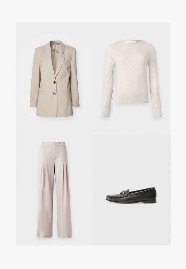 Beige taillierter Blazer mit Reverskragen, einem einzelnen schwarzen Knopfverschluss und zwei Fronttaschen. Strukturierter Stoff mit einem dezenten Muster.; Cremefarbenes, langärmliges Strickpullover mit einem dezenten Zickzackmuster und Rundhalsausschnitt, am Kragen mit "Selected" beschriftet.; Beige Weite-Leggings mit glatter Textur, gefaltetem Vorderdesign und tailliertem Bund. Geeignet für formelle oder legere Anlässe.; Schwarze Lederloafers mit einer gesteppten Zehenpartie, einem niedrigen Absatz und einem dekorativen goldenen Emblem an der Vorderseite. Glatte Textur, klassisches Design.