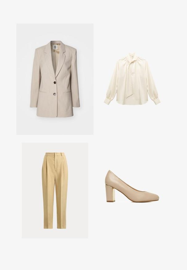 Beige op maat gemaakte blazer met een notch revers, enkele zwarte knoopsluiting en twee voorzakken. Getextureerde stof met een subtiel patroon.; Crème-kleurige blouse van gladde stof, met een hoge hals, strikdetail, lange, luchtige mouwen en geplooide accenten op de schouders.; Beige, hooggetailleerde broek gemaakt van een lichtgewicht stof. Voorzien van een geplooide voorkant en rechte pijpen. Zonder zakken of versieringen.; Beige leren damesschoen met een afgeronde neus en blokhak met een gouden metallic accent.