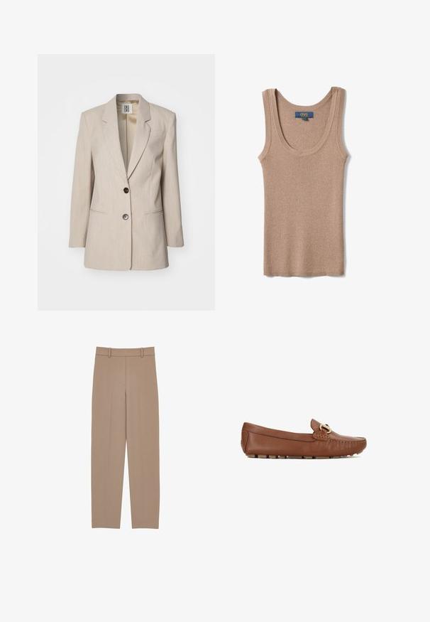 Beige op maat gemaakte blazer met een notch revers, enkele zwarte knoopsluiting en twee voorzakken. Getextureerde stof met een subtiel patroon.; Mouwloos beige ribgebreid tanktop met ronde hals en OVS-merklabel aan de binnenzijde van de achterkraag.; Beige eersteklas geklede broek met een rechte pijp, voorzien van een geplooide voorkant, riemlussen en subtiele stikdetails. Gladde, lichte stof.; Bruine leren loafers met een ronde neus, decoratieve stiksels en een goudkleurig accent. De zool is voorzien van kleine, geribbelde rubberen nopjes.