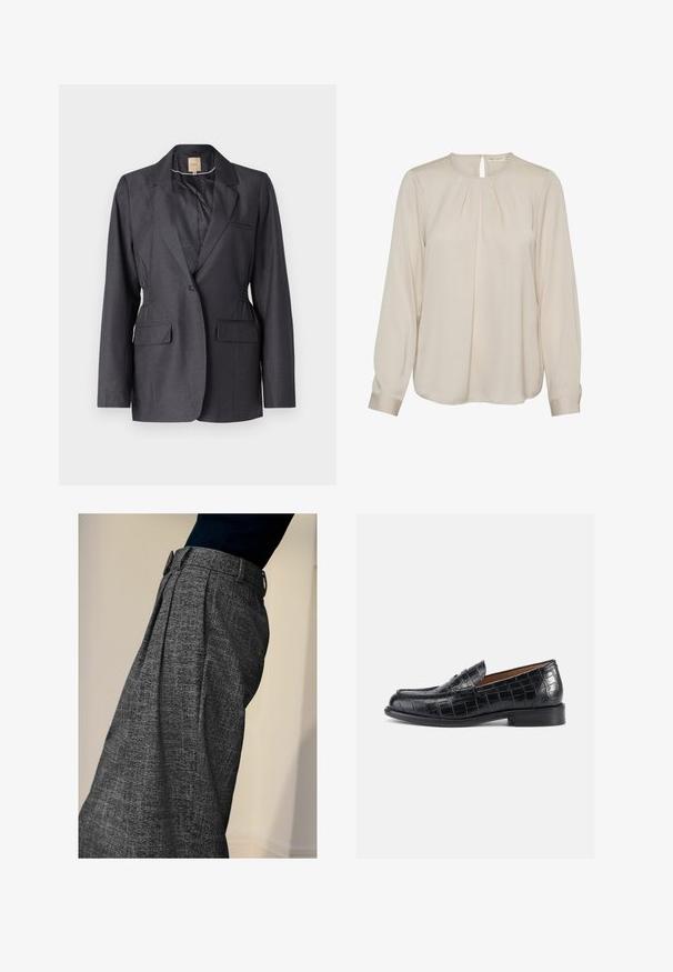 Blazer gris oscuro hecho de tela suave, con solapas de muesca, dos bolsillos frontales y lados fruncidos para un ajuste entallado.; InWear DOTAIW PLEAT - Blusa - french nougat; Persona vistiendo pantalones grises de cintura alta con texturas y pliegues frontales, y una parte superior negra, mostrada de perfil contra un fondo liso.; Mocasines de cuero negro con relieve de cocodrilo, punta redondeada, diseño sin cordones y tacón bajo y resistente. Textura suave y brillo sutil.