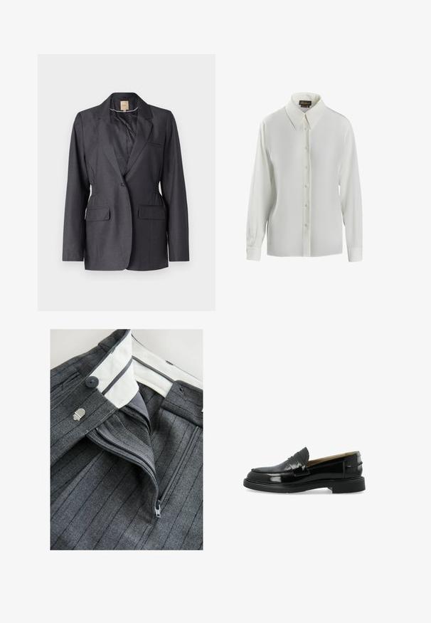 Mørkegrå blazer lavet af glat stof, med klapkrave, to forlommer og sammenrakt sidepaneler for en skræddersyet pasform.; Luisa Spagnoli LIMONAIA - Skjortebluser - panna; Next PETITE FIT - STRIPED STRAIGHT - Bukser - grey; Bianco Leather Loafers BIAADDA - Loafers - black