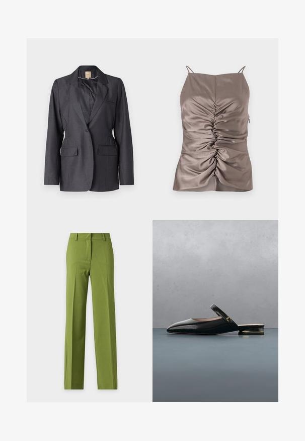 Blazer gris foncé en tissu lisse, avec un col à revers, deux poches avant et des côtés froncés pour un ajustement sur mesure.; Camisole en taupe soyeux avec des bretelles réglables, présentant des fronces à l'avant et une fermeture éclair sur le côté, texture lisse et silhouette ajustée.; Pantalon vert droit avec passants de ceinture et pli avant, présenté sur un fond blanc uni.; Chaussure slingback en cuir verni noir avec un bout carré, une fine bride autour de la cheville et un accent doré sur le talon, présentée au-dessus de carreaux en bois.
