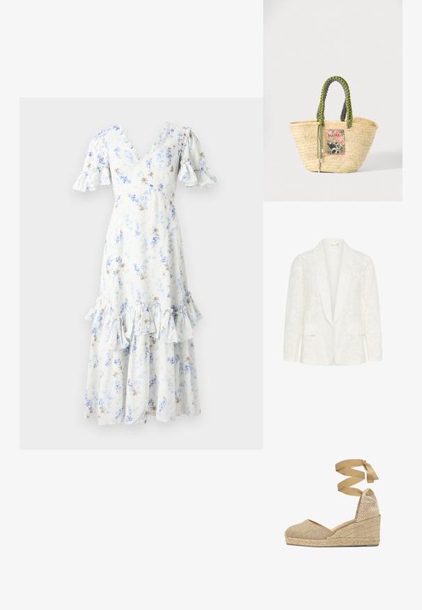 Weißer Blazer mit einem strukturierten Blumenmuster, ausgestattet mit einem Schalkragen, zwei frontalen Taschen und filigranen Ausstanzungen.; Florales Midikleid in Hellblau und Weiß mit Puffärmeln, V-Ausschnitt und Rüschensaum, verziert mit verstreuten dunkelbraunen Akzenten und Mustern.; Beiger Espadrille-Keilabsatzschuh mit geflochtener Jutesohle und Bindeband am Knöchel, Obermaterial aus strukturiertem Stoff und geschlossenem Zehenbereich.; Geflochtene beige Strohtasche mit geflochtenen grünen und schwarzen Griffen und einem bunten rechteckigen Aufnäher auf der Vorderseite.