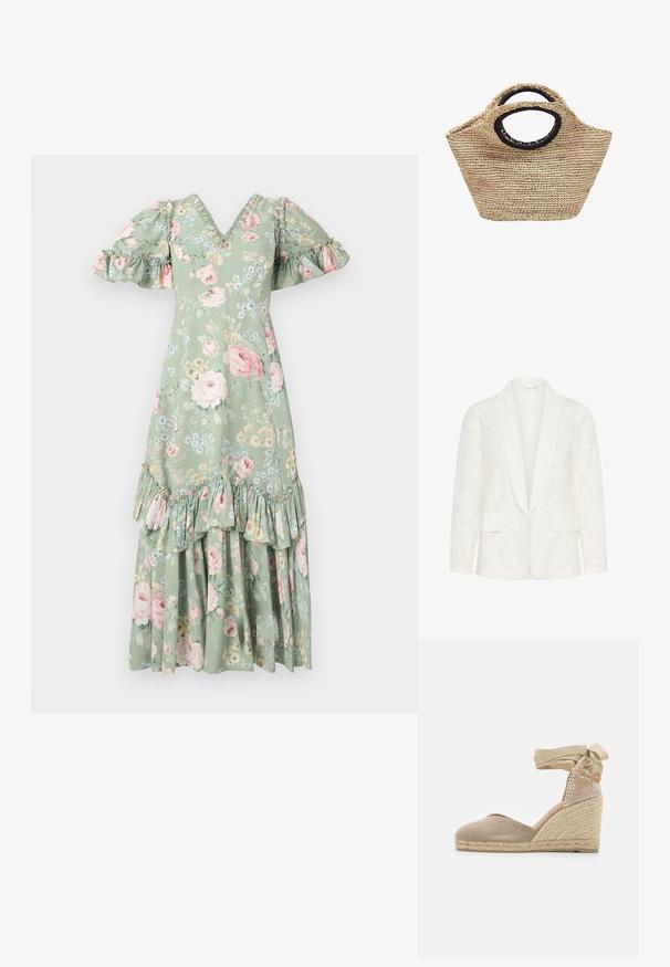Hvid blazer med et tekstureret blomstermønster, der har en sjal krave, to forreste lommer og indviklede udskæringsdetaljer.; Blomstret maxi-kjole i blød grøn med V-hals, puf ærmer, flæsedetaljer og et tieret kant. Har pink roser og små blå blomster.; Beige espadrille kile med en tekstureret stofoverdel, vævet jutehæl og et bånd, der ties om anklen for en sikker pasform.; Flettet stråtaske med afrundede, sortkantede håndtag og en bred, let trapezformet form mod en hvid baggrund.