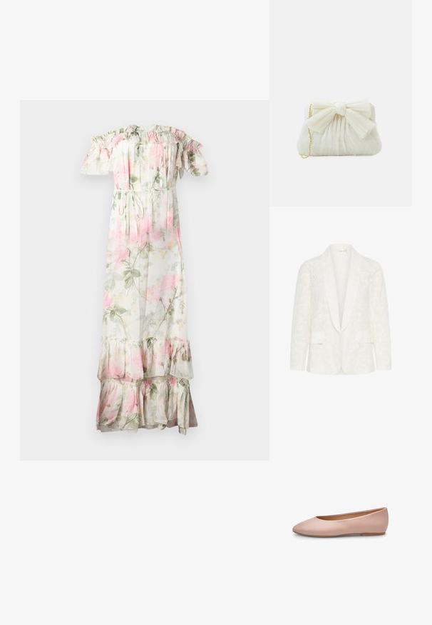 Hvid blazer med et tekstureret blomstermønster, der har en sjal krave, to forreste lommer og indviklede udskæringsdetaljer.; Blomster maxi kjole med off-shoulder flæser. Lavet af letvægtsstof, med rosa og grønne blomster, snøre i taljen og lagdelt kant.; Lyserød ballerina i læder med spids tå, glat tekstur, få detaljer og en solid lys brun sål. Enkelt design uden pynt.; Hvid plisseret clutch-taske med en fremtrædende sløjfedetalje og en guldkædetras. Blød tekstur med et samlet design på forsiden.