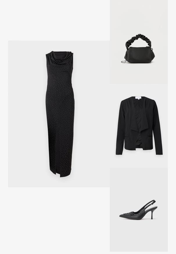 Zwarte blazer van gladde stof met een drapering aan de voorkant, lange mouwen en twee zijzakken. Minimalistisch ontwerp zonder knopen of versieringen.; Zwarte mouwloze jurk met een watervalhals, met een slanke pasvorm en een zijsplit, versierd met kleine witte stippen voor textuur en detail.; Zwarte leren slingback stiletto met spitse neus, zijgesp met gesp, studs langs de rand en decoratieve veters aan de voorkant.; Zwarte handtas met een ronde vorm, gemaakt van glad materiaal. Voorzien van een zachte, geplooide hengsel en een metalen kettingschouderband voor veelzijdigheid.