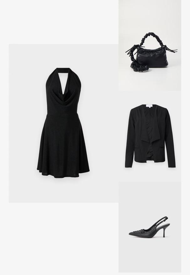 Sort blazer lavet af glat stof med draperet front, lange ærmer og to sidelommer. Minimalistisk design uden knapper eller udsmykninger.; Sort halterneck kjole med en bølget udskæring, tætsiddende liv og udvidet nederdel. Lavet af et skinnende, struktureret stof.; Sorte læder slingback stiletto med spids tå, side spændebånd, nitter langs kanten og dekorativ snøring foran.; Sort kunstlæder håndtaske med krokodilteksur, indsnøret top og en sammenkrøben rem. Ser blød og kompakt ud i designet.