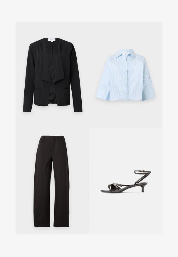 Blazer noir en tissu lisse avec un devant drapé, des manches longues et deux poches latérales. Design minimaliste sans boutons ni ornements.; Chemise bleu clair à boutons avec fines rayures blanches verticales et larges manches trois-quarts, présentée sur un fond blanc.; Pantalon large noir, avec une taille haute, une coupe droite et une texture lisse. Pas de motifs visibles ni de détails en métal.; Sandale en cuir verni noir avec fines lanières, petit talon kitten, et fermeture à boucle ajustable à la cheville.