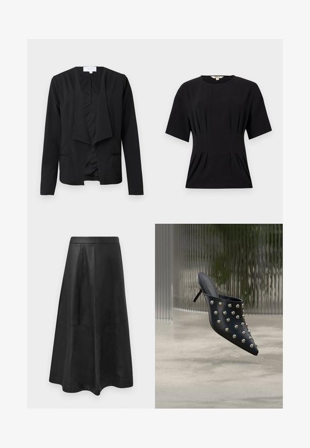 Blazer noir en tissu lisse avec un devant drapé, des manches longues et deux poches latérales. Design minimaliste sans boutons ni ornements.; Haut noir à manches courtes pour femmes avec encolure ronde et plis subtils à la taille, étiqueté "ONLY", présenté sur un fond clair uni.; Jupe midi en cuir noir avec une silhouette évasée, présentant des coutures détaillées et une texture lisse. Pas de matériel ou d'accents visibles.; Mule noire à bout pointu avec petit talon, décorée de clous ronds en argent espacés uniformément sur la partie supérieure.